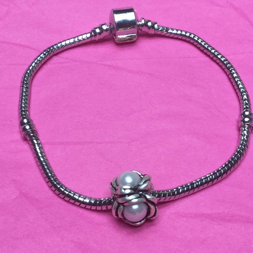 Antique Finish Faux Pearl Euro Bead Charm Bracelet